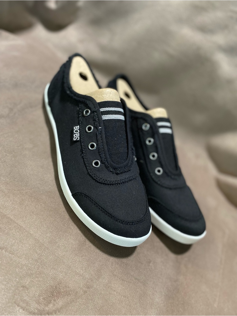Skechers BOBS Black Canvas Slip-On Sneakers with White Trim